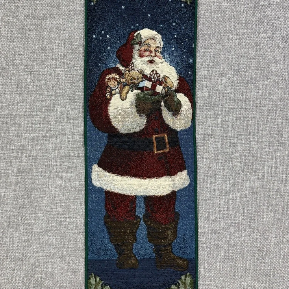 VTG American Weavers Santa Wall Hanging Decor Green Red Woven Tapestry 1998